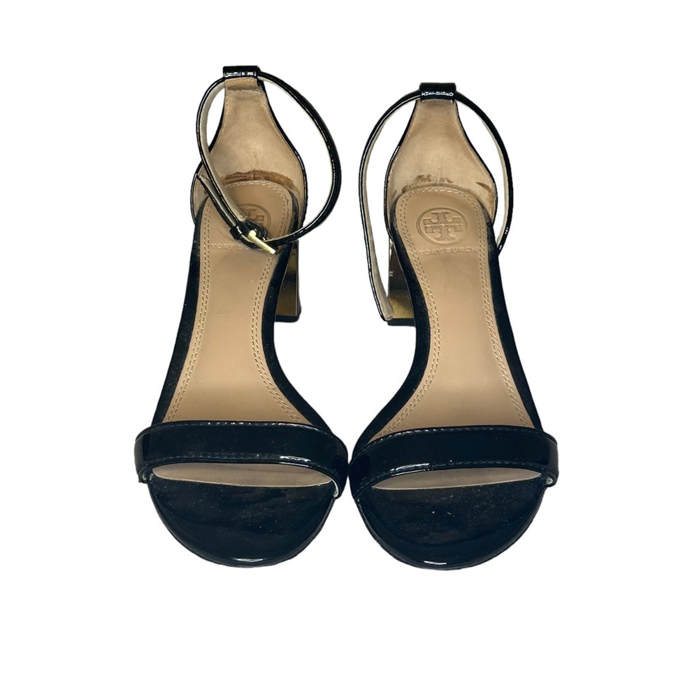 TORY BURCH BLACK STRAPPY BLOCK HEEL SANDAL GOLD LOGO